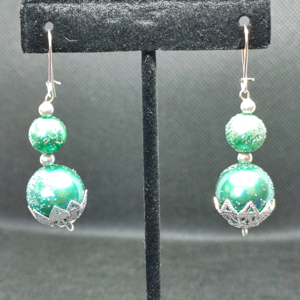 Handmade Green and Silver Drop Earrings